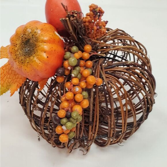 Fall Wicker Pumpkin with Gourd & Leaf Accent 7” Autumn Table Decor - Picture 2 of 5